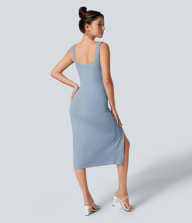 Abito midi casual aderente alla figure con spacco, corsetto senza schienale con scollatura quadrata e ruches