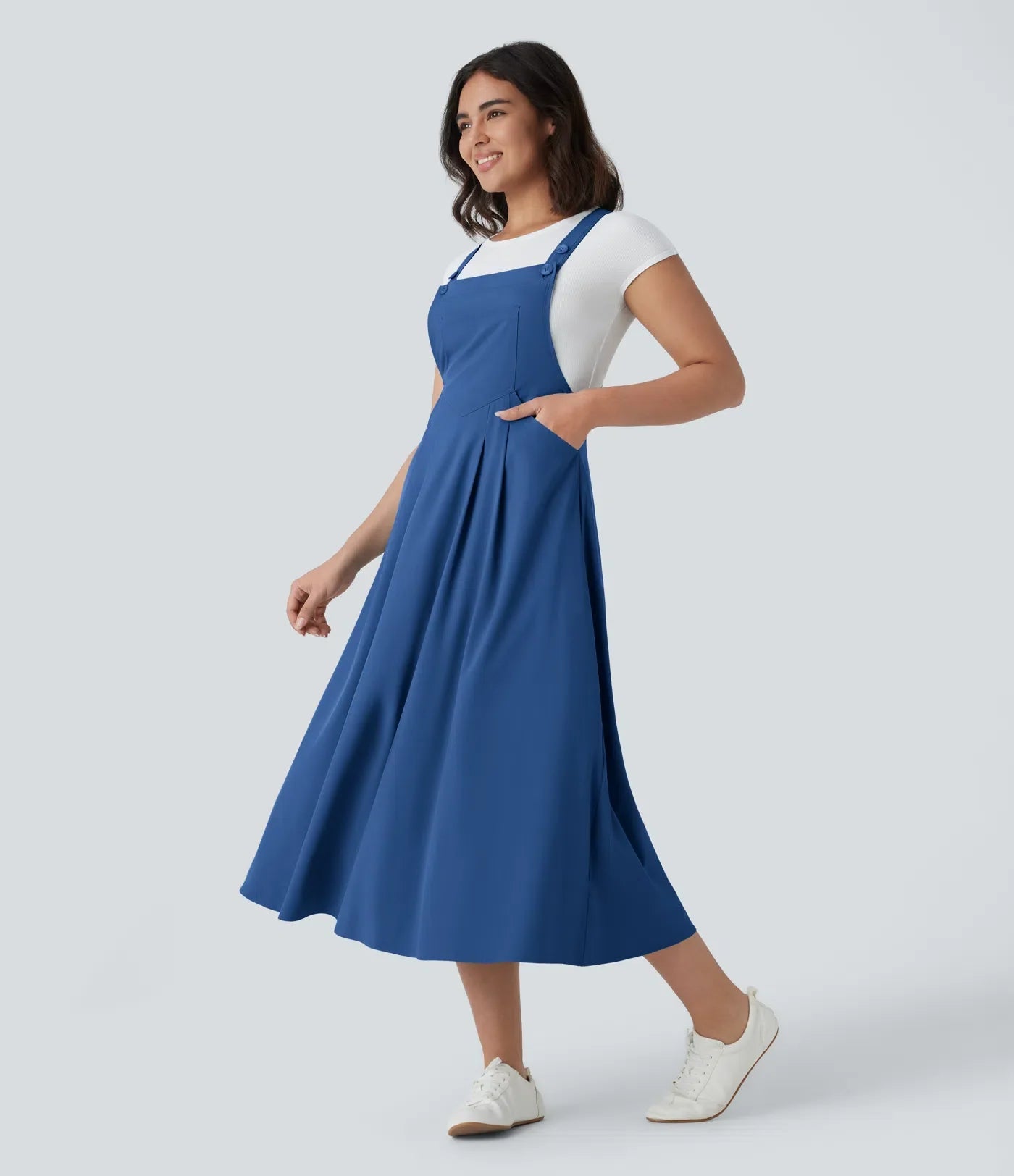 Classico™ - Casual and fluid midi dress with multiple pockets, adjustable shoulder straps and bottoms