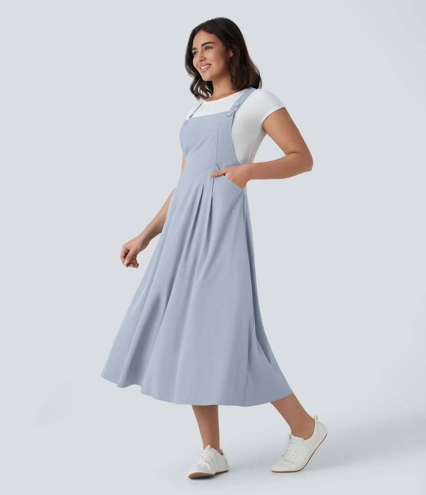 Classico™ - Casual and fluid midi dress with multiple pockets, adjustable shoulder straps and bottoms